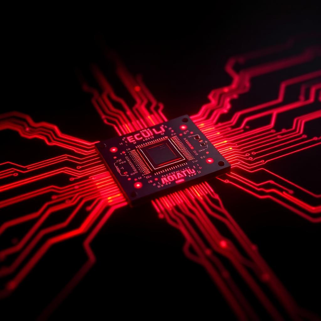 Glowing ECU chip with red circuits
