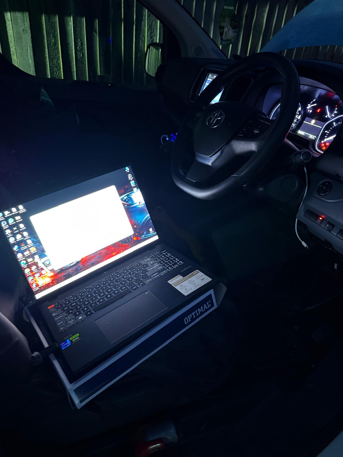 Mobile diagnostic laptop in Toyota — electrical fault finding